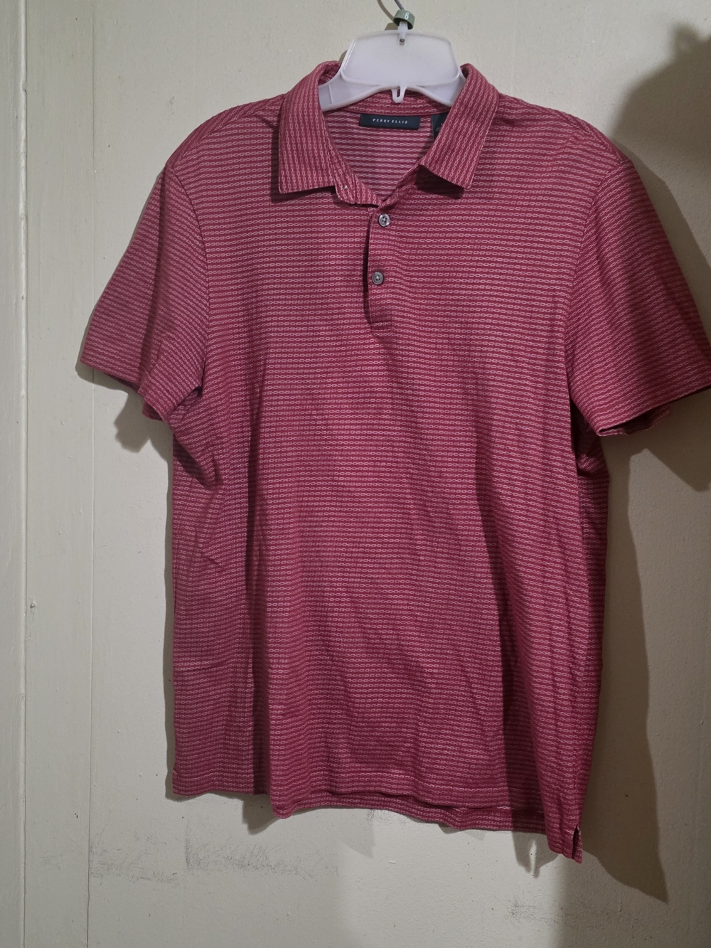Perry Ellis Mens Short Sleeve Steiped Kint Polo Top Pink Red Crimson Size M